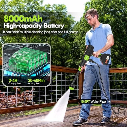 Pircaath Cordless Pressure Washer, 600PSI Portable Power Washer with 6-in-1 Nozzle & Foam Cannon, Battery Powered Cordless High Pressure Washer Gun, Handheld Pressure Washers for Car, Patio-Green 5