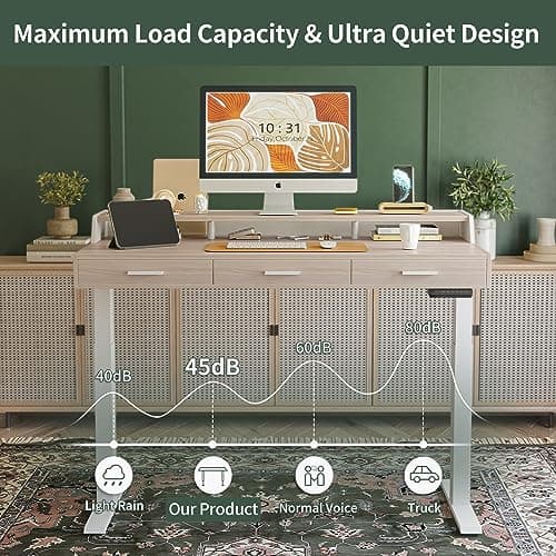 FEZIBO Electric Standing Desk 55x26 Inches with 3 Wood Drawers and Monitor Shelf, Height Adjustable Computer Desk, Ergonomic Rising Home Office Desks, Sit Stand Up Workstation Table, Light Walnut 9
