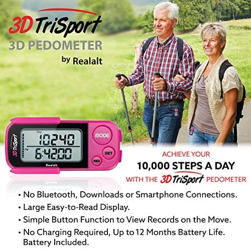 Realalt 3DTriSport 3D Walking Pedometer with Clip & Strap, Accurate Step Counter with 30-Day Memory, Distance in Miles/KM Large Display Perfect for Seniors & Beginners eBook Included - Magenta 6