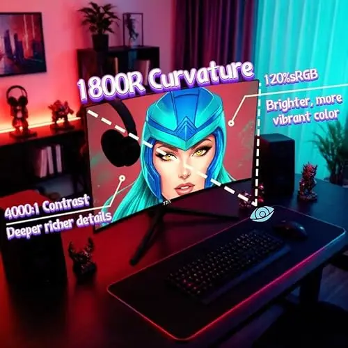 ZZA 27 Inch Curved Gaming Monitor 200Hz 180Hz 165Hz |1msMPRT |FHD 1080P Computer Monitor FreeSync|1800R|120% sRGB|HDR|Low Blue Light|HDMI DP Ports|VESA Mount|Metal Stand（No Speaker） 2