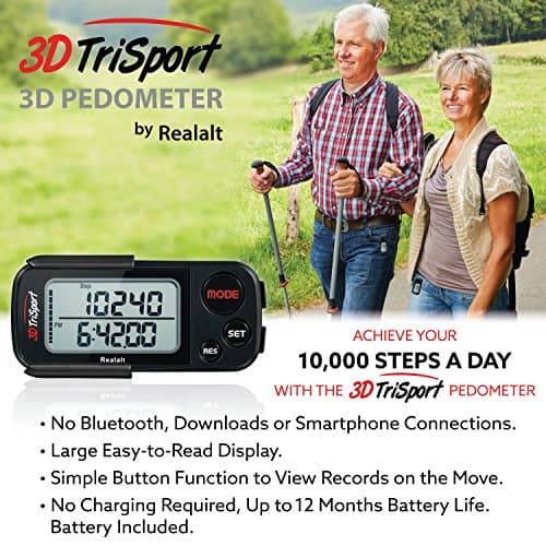 Realalt 3DTriSport 3D Walking Pedometer with Clip & Strap, Accurate Step Counter with 30-Day Memory, Distance in Miles/KM Large Display Perfect for Seniors & Beginners eBook Included - Stealth Black 6