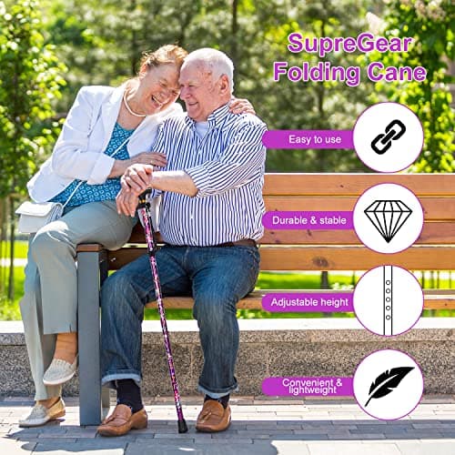 supregear Folding Cane, 5-Level Adjustable Height Walking Stick Lightweight Collapsible Portable Travel Cane with Wrist Strap and T Handle for Elderly Disabled Men Women, Purple Floral 6