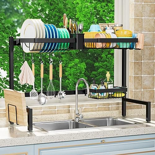 YKLSLH Over The Sink Dish Drying Rack 2 Tiers, for All Sinks (26.57"-35"),Expandable Large Capacity Sink Rack, Metal Drying Rack for Kitchen and Family Use 6