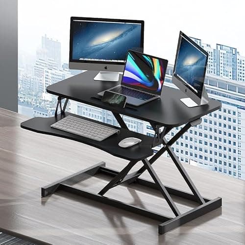 Royjhnl Standing Desk Converter 32 Inch, Height Adjustable Sit-Stand Workstation, Dual Monitor Riser with Wide Keyboard Tray - Office & Home Use, Black (Black) 2