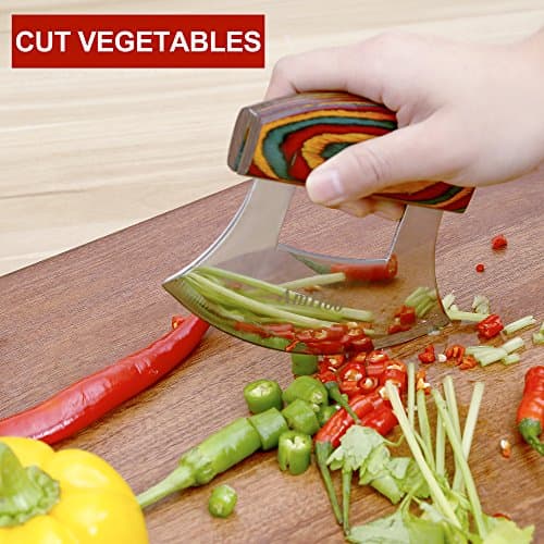 Amhoo Pizza Cutter Chef Mezzaluna Ulu Knife Handle Color Wood Grip Sharp Rocker Slicer Stainless Steel Blade Salad Onion Vegetable Chopper with Holder Base Christmas Gifts 5