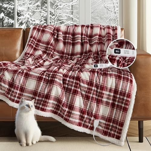 blunique Heated Blanket Electric Throw 50''x60''Ultra Soft Plaid Flannel Fast Heating Electric Blanket with 10 Heat Levels & 10 Hrs Auto Off, ETL Certified, Keep Warm in Couch Bed Office (Red)