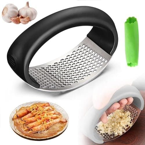 OFY ONLY FOR YOU Garlic Press Rocker - 2024 NEW Stainless Steel Garlic Mincer Garlic Crusher with Peeler, New Innovative Garlic Chopper with Peeler and Scraper for Smash Garlic, Black
