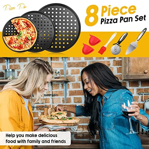 Mimorou 8 Pieces Pizza Pan with Holes 9 Inch,10 Inch, 12 Inch Tray for Oven Includes Making Kit Wheel Cutter Slicer Spatula Shovel Brush Silicone Cooking Pinch Mitts Family Party Favors 7