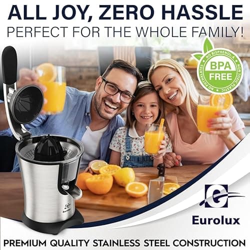 Eurolux Premium Electric Orange Juicer | Stainless Steel Citrus Squeezer With New Ultra-Powerful Motor and Soft Grip Handle for Effortless Juicing, Auto Shutoff, Dishwasher-safe Parts, Pulp Control 6