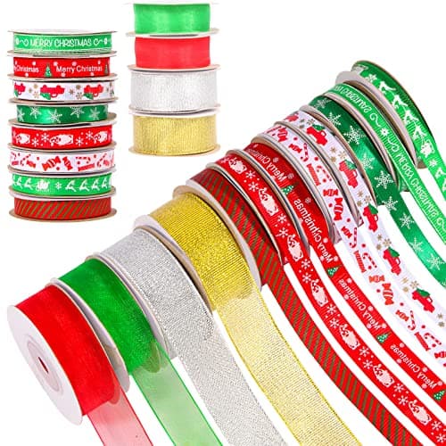 12 Rolls 120 Yards 3/8" Wide 3 Size Christmas Ribbon for Gifts Wrapping, Holiday Print Xmas Grosgrain Organza Satin Ribbon, Metallic Glitter Fabric Ribbons for Hair Bow Clip Accessory DIY Craft Decor