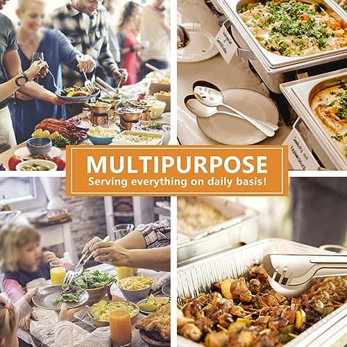 BEWOS Serving Utensils, 16-Piece Large Serving Set, 9.1” Serving Spoons, 9.1” Slotted Spoons, 9.1” Serving Forks, 9.5” Serving Tongs, Stainless Steel Serving Utensils Set for Parties, Dishwasher Safe 6