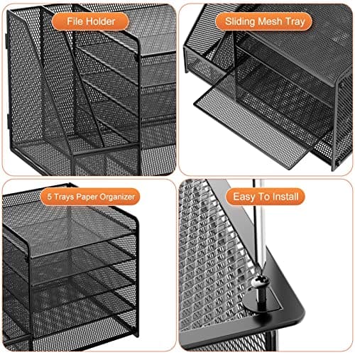 Marbrasse Desk Organizer with File Holder, 5-Tier Paper Letter Tray Organizer, Mesh Desk Organizers and Accessories with Magazine Holder, Desktop Storage for Office Supplies (Black) 6
