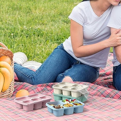 Bento Box Adult Lunch Box - 4 Pack, 5 - Compartment Meal Prep Container for Kids, Reusable Food Storage Snack Containers - Stackable for School, Work, and Travel (Wheat(Green/Blue/Pink/Beige)) 7