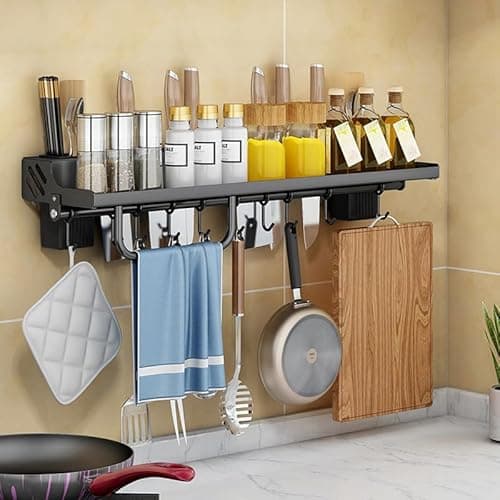 JRK Technology Hanging Spice Rack Wall Mount knife holder tool storage racks shelving units tableware shelf kitchen rack Stainless Steel spice organizer Rack wall mounted (11.8 Inch, Black) 7