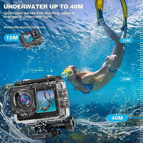 4K Action Camera, Sports Video Camera WiFi with Touch Screen Dual Screen 131FT Underwater Camera Waterproof, EIS 2.0, 170° Wide Angle, Zoom, 2 Batteries and Accessory Kits for Vlog 5