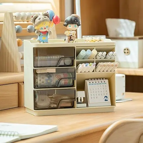 UFORU Desktop Organizer with 3M Adhesive Accessories, 3 Drawer Pencil Holder for Desk with Dividers, Perfect for Office Supplies, Stationery, and Small Items, Beige and Transparent Design