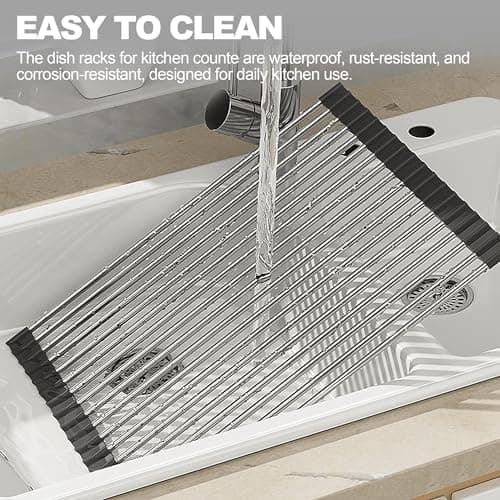 NEZUIBAN Dish Drying Rack with Roll Up and Over Sink for Kitchen,17.5"x15.7",Black 5