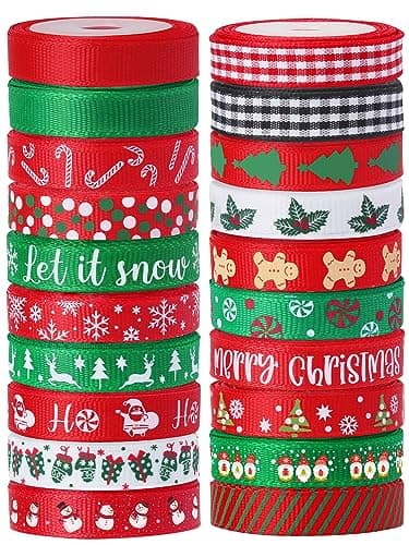 Vloso 20 Rolls 100 Yards Christmas Ribbon for Gift Wrapping,3/8 Inch Christmas Grosgrain Ribbon,Christmas Ribbon for Crafts DIY Holiday Christmas Decorations