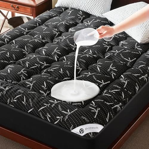 PRIMESOFT 100% Waterproof King Size Mattress Topper, Thick Pillow Top Mattress Pad，Up to 25 Inch Deep Pocket,Soft Breathable Mattress Pad for Back Pain, Protector Cover(Black)