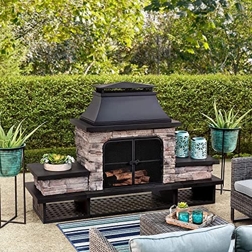 Sunjoy Outdoor Fireplace, Patio Wood Burning Fireplace with Steel Chimney, Mesh Spark Screen Doors, Fire Poker, and Removable Grate, Black 12