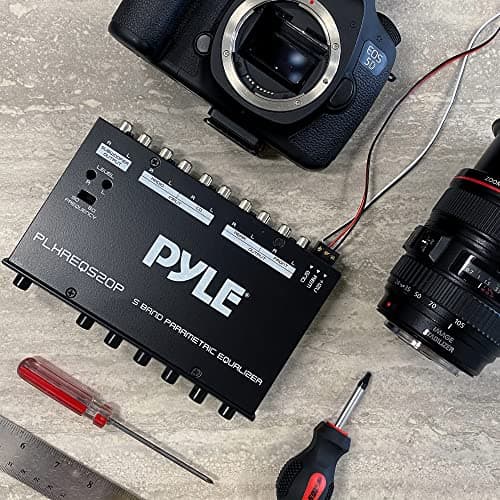 Pyle Car Audio Equalizer, Half-DIN 5-Band Parametric Equalizer with Subwoofer Gain Control, RCA AUX Input, Preamp Outputs, Fader, Adjustable Frequency, LED Illumination, 12V Trigger (7” x 4” x 1”) 7