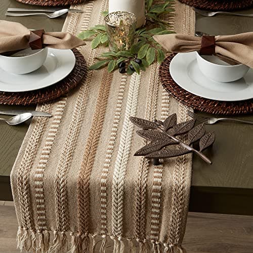 DII Farmhouse Braided Stripe Table Runner Collection, 15x72 (15x77, Fringe Included), Stone 7