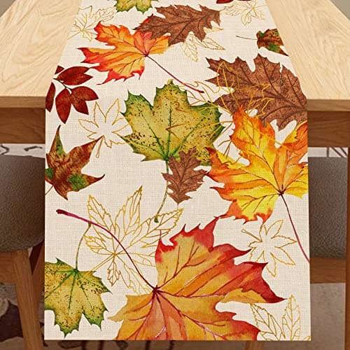 Seliem Fall Maple Leaves Table Runner, Thanksgiving Watercolor Plant Yellow Leaf Home Kitchen Decor, Autumn Harvest Seasonal Colorful Botanical Farmhouse Burlap Dining Decoration Party Supply 13 x 72
