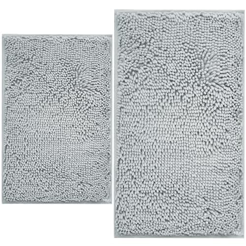BOANKODU Bathroom Rugs Sets 2 Piece, Extra Soft Chenille Bath Mat Absorbent Bathroom Rug, Bathroom Mat with PVC Non-Slip Bottom, Machine Washable Bath Rugs (32x20 Inch + 24x16 Inch, Light Grey)