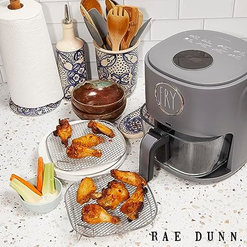 Rae Dunn 1200W 4Qt Air Fryer with GLASS Frying Basket, Dishwasher Safe, 2 Tier Tray, 60 Minute Timer, Digital Touch Display, and 6 Presets - Variable Temperature Control 175F - 400F, Grey 6