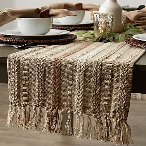 DII Farmhouse Braided Stripe Table Runner Collection, 15x72 (15x77, Fringe Included), Stone 5
