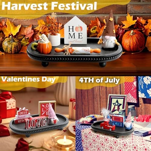 SYNCVIBE Wooden Decorative Tray for Home Decor, Beaded Black Oval Tray Decor for Coffee Table, Rustic Wood Serving Trays Farmhouse Centerpieces for Living Room Kitchen Counter (Black Oval) 8