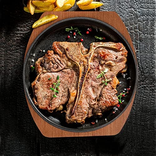 VIKKSAER Sizzling Plate With Wooden Base & Cover, 9" Cast Iron Steak Plates Sizzling Set, Steak Pan Grill Fajita Server Plate for Restaurant Home Kitchen Cooking Accessory 6