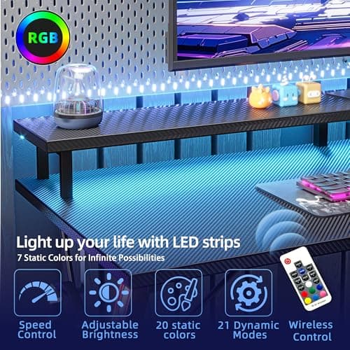 TIQLAB Gaming Desk with Power Outlets & LED 40 Inch Ergonomic Computer Carbon Fiber Surface Gamer Desk, Large Monitor Stand, Headphone Hook, PC Workstation for Bedroom, Black 7