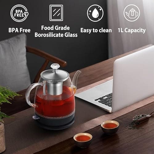 Topwit Electric Kettle Glass, For Hot Water, Tea and Coffee Dual Purpose Design, BPA-Free, 1L Pour Over Removable Stainless Steel Infuser, Auto-shut Off & Boil-dry Protect 6