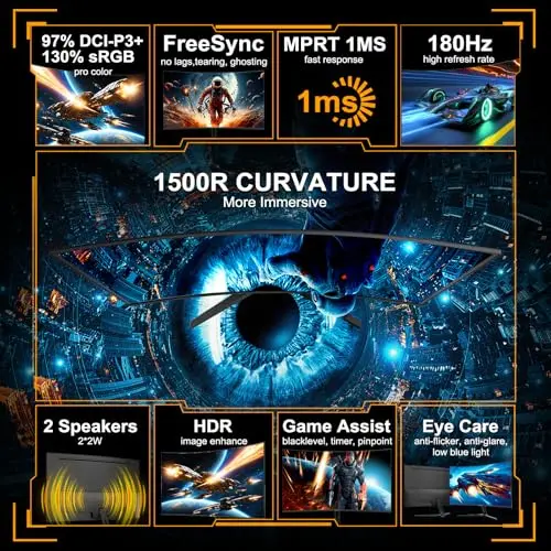 SANSUI 24 Inch Curved Gaming Monitor up to 180Hz MPRT 1ms with Built-in Speakers,FHD 1080P Computer Monitor Freesync 130% sRGB HDR,HDMI DP Ports VESA Mount Metal Stand(ES-G24C1 HDMI Cable Included) 2