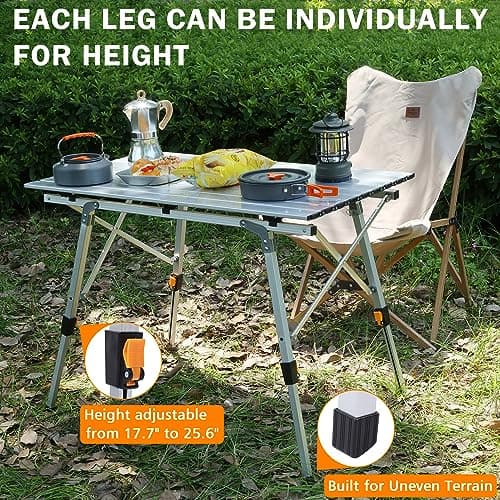 JOUYEK Folding Outdoor Camping Table with Adjustable Legs, Lightweight Aluminum Roll Up Camp Table with Carrying Bag, Mesh Storage Organizer, for Cooking, Picnic, Beach, Backyards, BBQ, Party 5