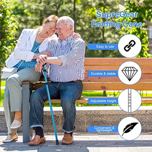 supregear Folding Cane, 5-Level Adjustable Height Walking Stick Lightweight Collapsible Portable Travel Cane with Wrist Strap and T Handle for Elderly Disabled Men Women, Blue 6