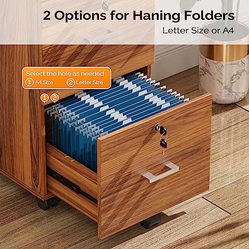 VINGLI 2-Drawer Rolling File Cabinet with Lock, Wood Mobile File Organization for Hanging Letter Size Filings Under Desk Filing Cabinets for Home Office, Assembly Required, Classic Walnut, 26.5" H 9