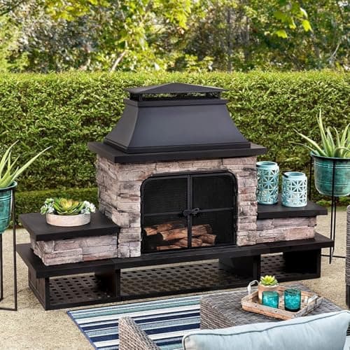 Sunjoy Outdoor Fireplace, Patio Wood Burning Fireplace with Steel Chimney, Mesh Spark Screen Doors, Fire Poker, and Removable Grate, Black