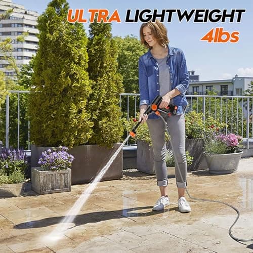 Battery Pressure Washer, Electric Power Washer Cordless, Portable Car Pressure Washer Handheld with 6-in-1 Nozzle,17FT Drain Hose,Power Cleaner for Patio Floor Fence Deck Indoor 7