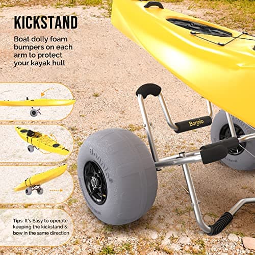 Bonnlo Deep U Kayak Cart Trolley Canoe Paddle Board Boat Cart Carrier Dolly with 12" Big Beach Wheels Balloon Kayak Wheels Cart Foldable, Free Pump, 2 Ratchet Straps- Perfect for Soft Sand (Silver) 5