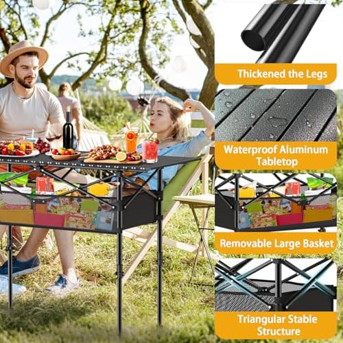 Height Adjustable Camping Table, Outdoor Folding Camping Table with Mesh Storage/Carrying Bag, Portable Aluminum Roll-up Table for Camping, Party, Backyard, BBQ 7