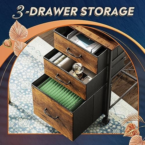 DEVAISE Mobile File Cabinet, Rolling Printer Stand with 3 Drawers, Fabric Vertical Filing Cabinet fits A4 or Letter Size for Home Office, Rustic Brown Wood Grain Print 5