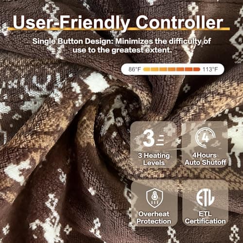 Gintao Electric Heated Blanket Throw,Double Flannel Electric Throw with 3 Heating Levels,ETL&FCC Certified, 4H Auto Off Overheat Protection,Heating Blanket for Home Office, 50"x60"Brown 5