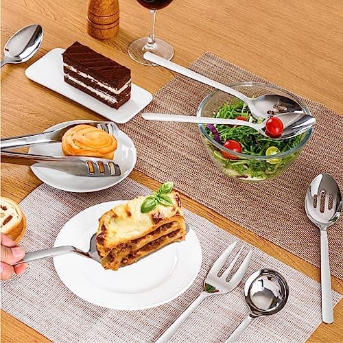 KINGSTONE Large Hostess Serving Utensils Set, 18/10 Stainless Steel Heavy Duty 10-inch Serving Utensils, Slotted Spoons, Forks, Tongs, Cake Pie Server for Buffet, Wedding, Party 6
