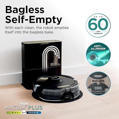 Shark Robot Vacuum & Mop Combo, Powerful Suction, Matrix Plus, 60-Day Debris Capacity, HEPA Bagless Self Empty Base, Sonic Mopping, Home Mapping for Pet Hair - Carpets & Hardfloor, AV2610WA 8