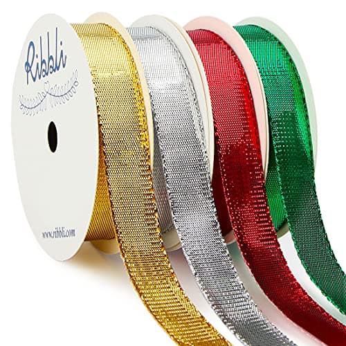 Ribbli Metallic Glitter Ribbon - 4 Rolls, 5/8 Inch, 40 Yards, Christmas Use for Gift Wrapping, Craft and Decoration, Gold/Silver/Red/Green