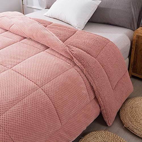 KASENTEX Super Ultra Soft Luxury Plush Sherpa Comforter, Cozy Reversible Fleece - Goose Down Alternative Fill, Machine Washable Bedding, Sunset Rose Pink, Queen Size 8