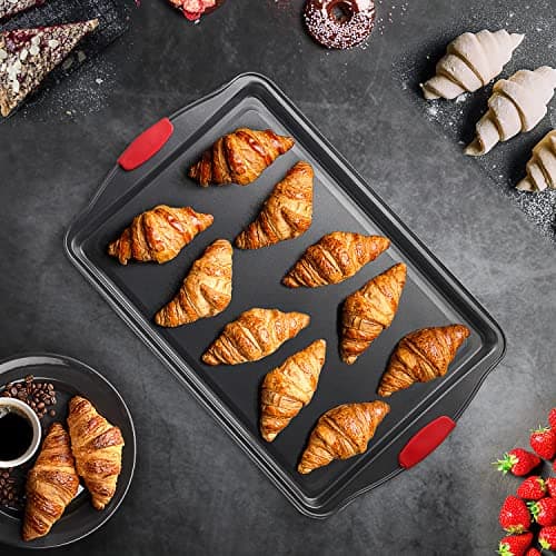 JOYTABLE Baking Sheet, 2PC Cookie Sheet Set with Silicone Handles, Nonstick Steel Baking Pan, Baking Sheets for Oven, BPA Free Baking Pans Set, Cookie Sheets– Black Bakeware, Small & Medium 8