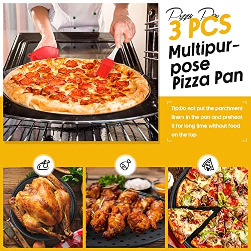 Mimorou 8 Pieces Pizza Pan with Holes 9 Inch,10 Inch, 12 Inch Tray for Oven Includes Making Kit Wheel Cutter Slicer Spatula Shovel Brush Silicone Cooking Pinch Mitts Family Party Favors 6
